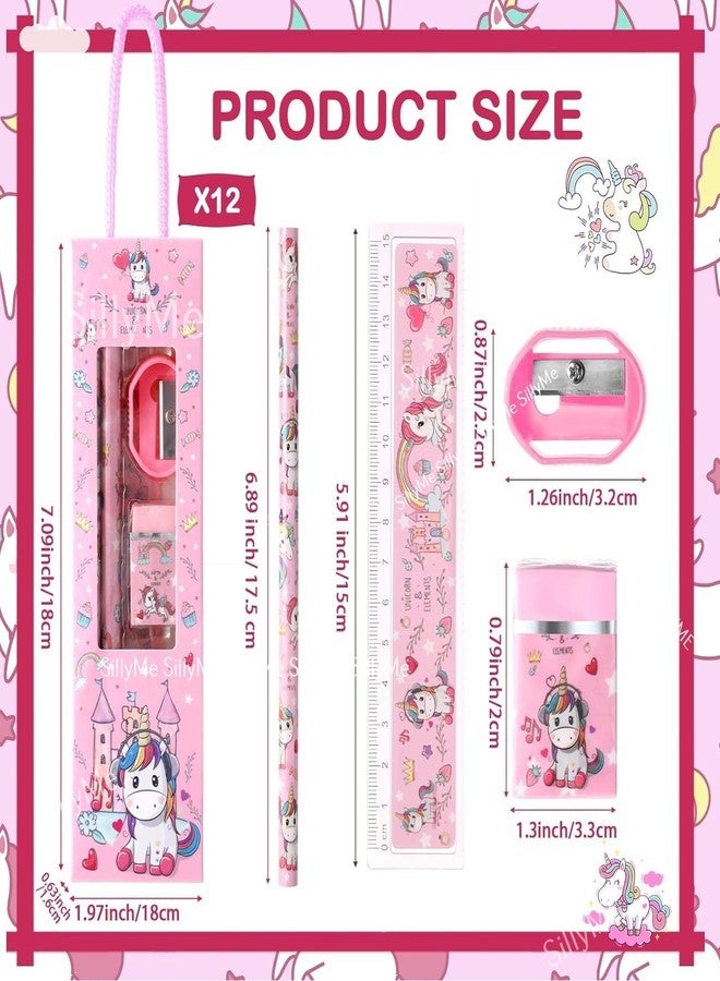 Sillyme 12pcs of Unicorn Stationery Set for Navratri gifts for kanya Return Gifts Birthday Party for kids - Pencil , scale , eraser kanjak gifts for girls pack of 12 - kanya pujan gifts set of 12 - Image 3